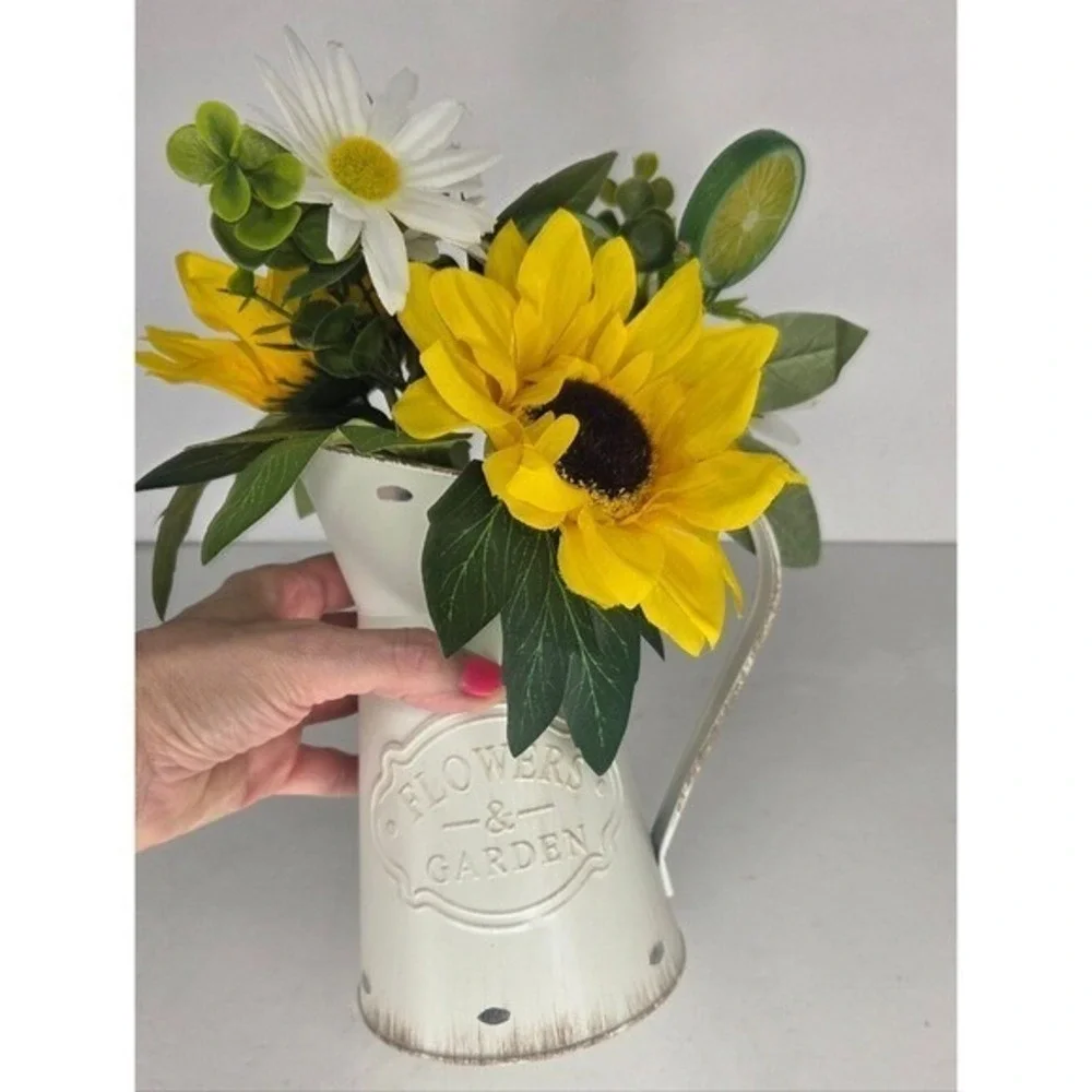 Yellow Sunflower Faux‎ Floral Arrangement in White Farnhouse Pitcher Vase